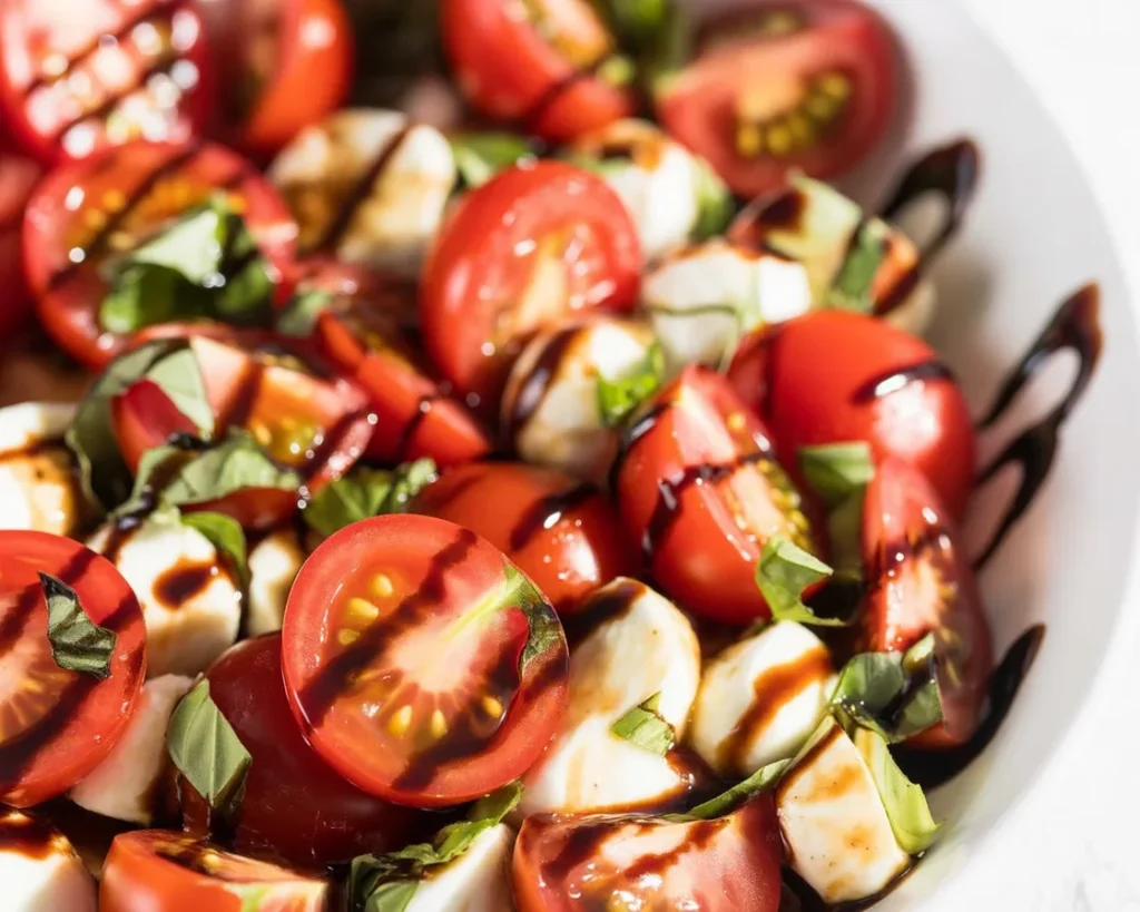 Caprese salad with fresh basil, ripe tomatoes, mozzarella, and olive oil drizzle.