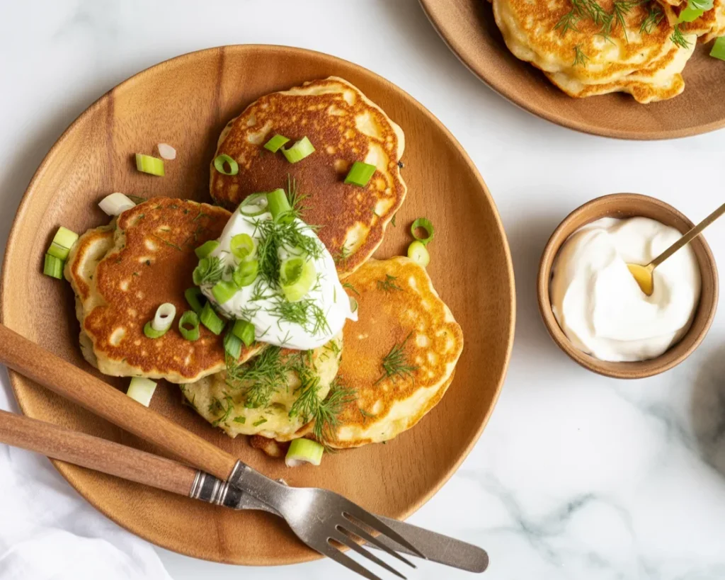 Delicious Carrot & Dill Savory Pancakes served with yogurt and fresh herbs.