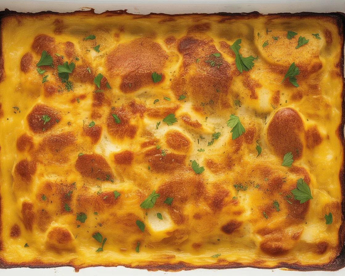 Cheesy Potato Gratin Casserole with crispy cheese crust and creamy layers of potatoes.