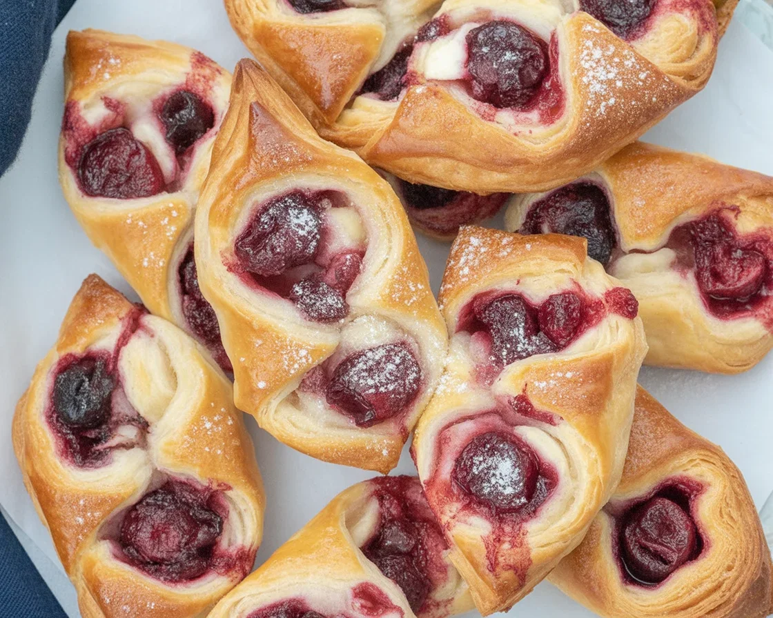 Freshly baked cherry cheese danish puff pastry topped with cream cheese and cherries.