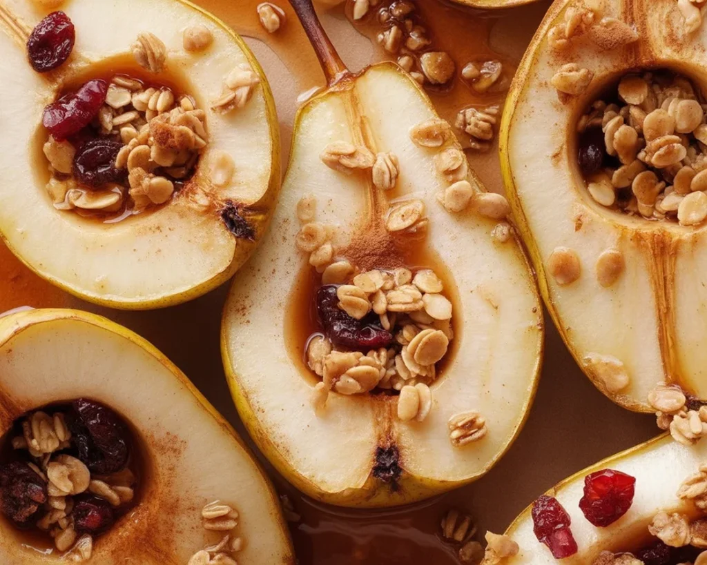 Cinnamon Maple Baked Pears topped with walnuts and drizzled with maple syrup