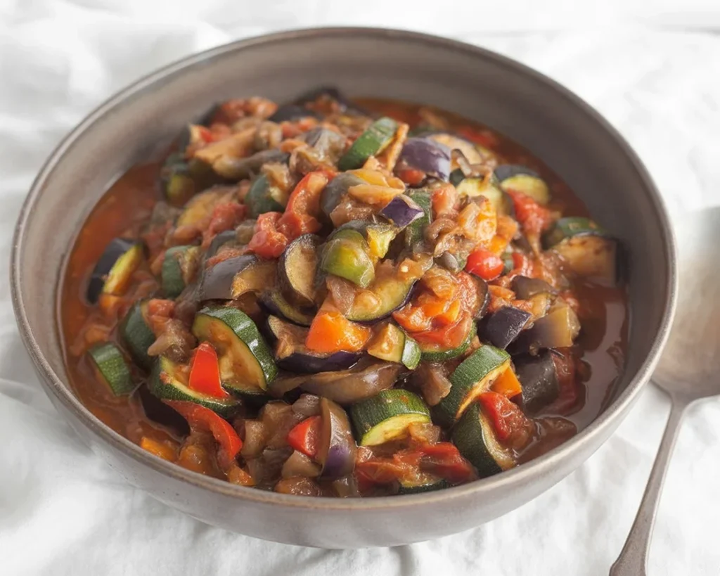 Classic Ratatouille with vibrant vegetables and herbs cooked in a rustic stew.