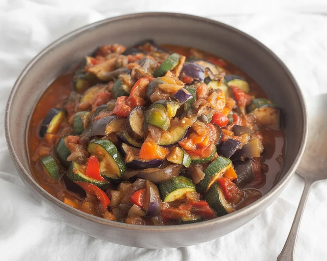 Classic Ratatouille with vibrant vegetables and herbs cooked in a rustic stew.