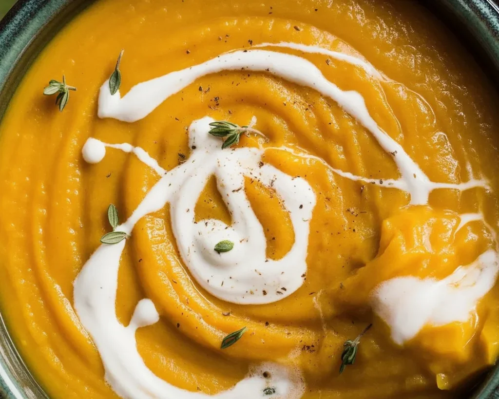 Bowl of creamy butternut squash soup garnished with herbs and spices.