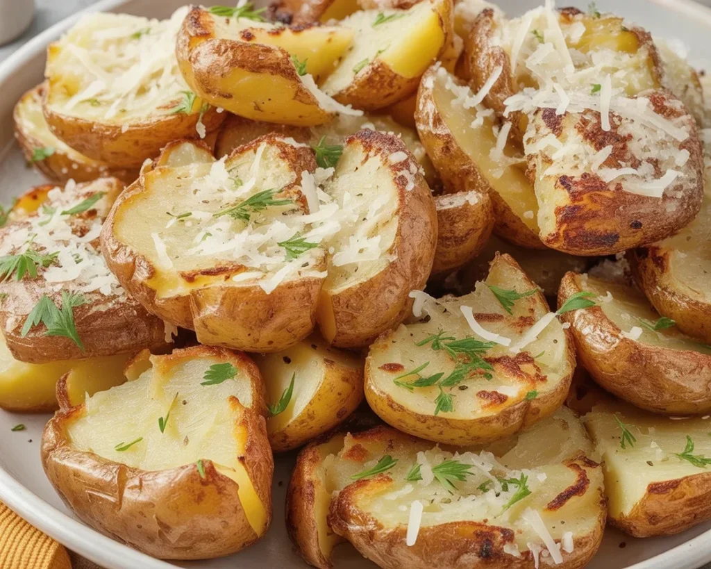 Baked Garlic Parmesan Smashed Potatoes on a baking sheet, beautifully golden and cheesy.