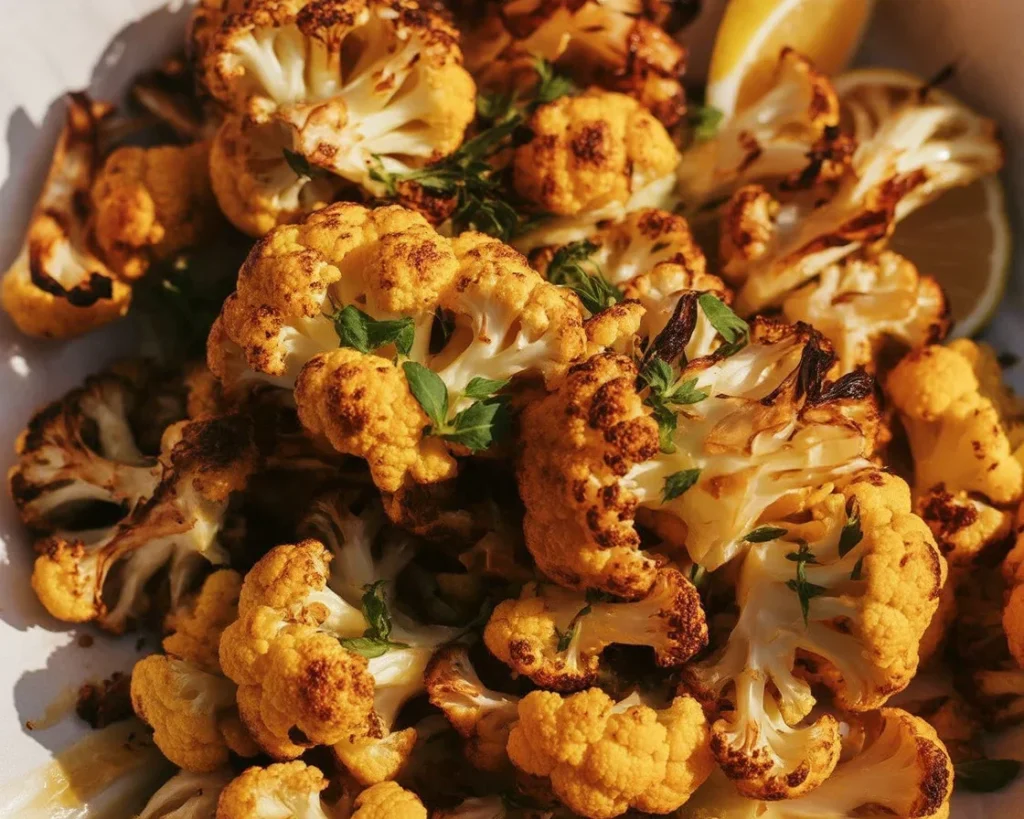 Crispy Garlic Parmesan Cauliflower dish garnished with fresh herbs and spices.