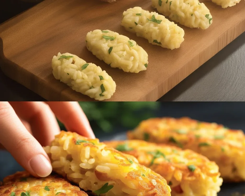 Crispy Golden Rice and Potato Patties with Creamy Garlic-Dill Sauce served on a plate