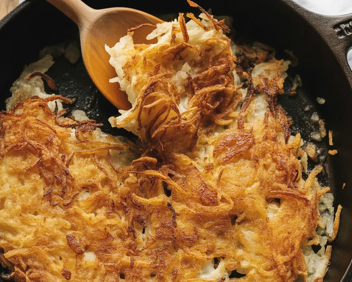 Golden crispy hash browns sizzling in a skillet, ready for breakfast