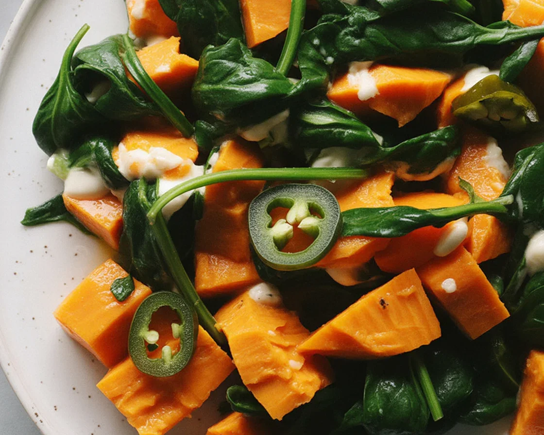 Baked sweet potatoes stuffed with spinach and feta cheese on a plate.