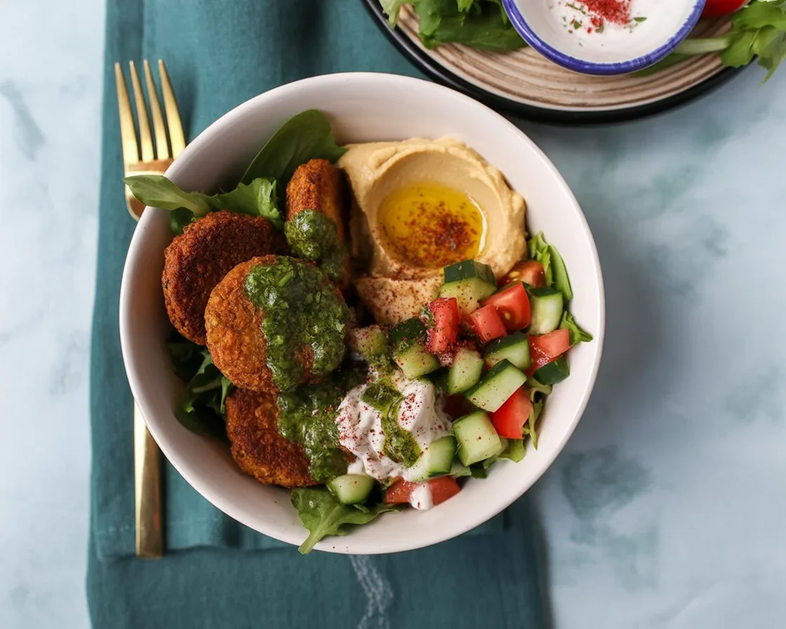 Falafel Bowl with Creamy Tahini Dressing topped with fresh vegetables and crispy falafel.