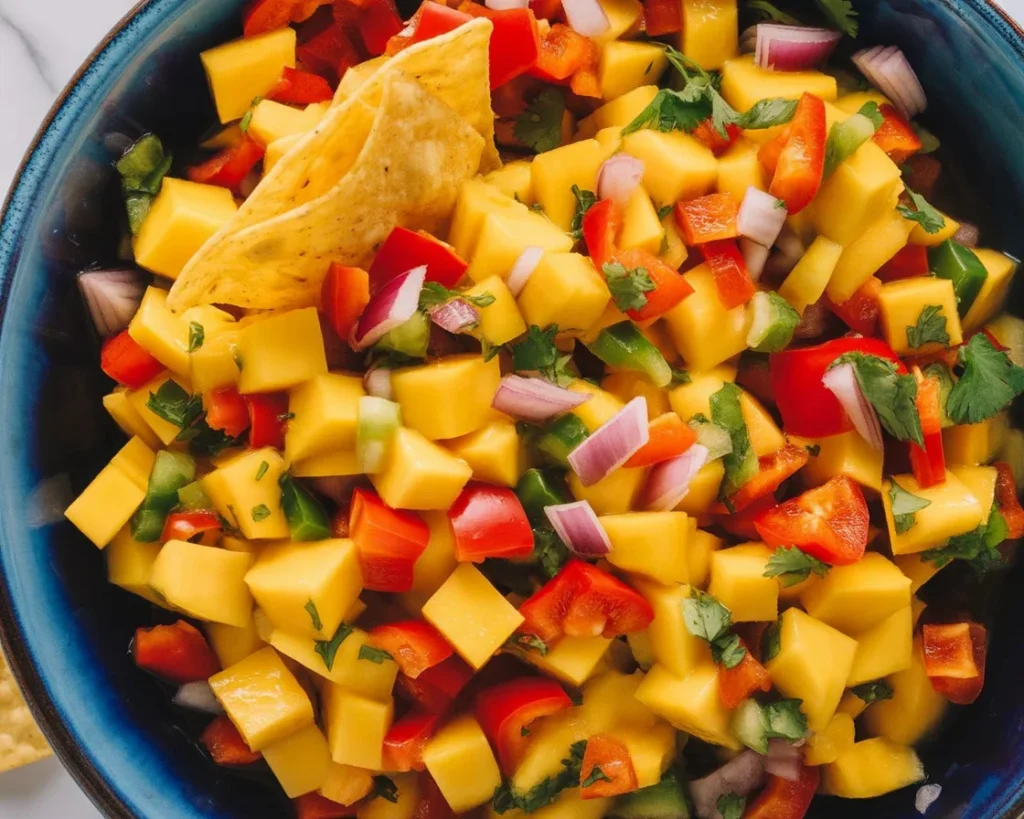 Bowl of easy mango salsa with ripe mango, red onion, cilantro, and lime juice.