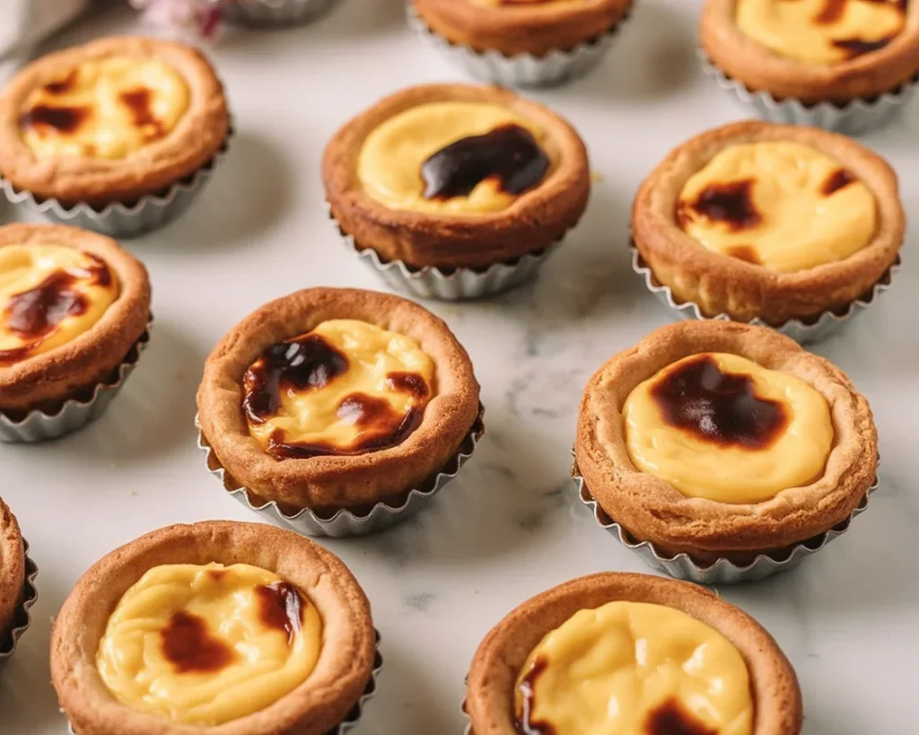 Delicious homemade Portuguese Custard Tarts (pastéis de nata) on a rustic wooden table.