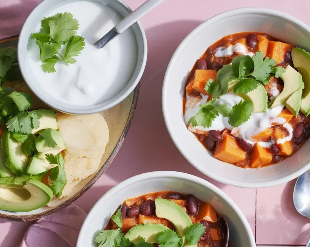 Bowl of Sweet Potato Black Bean Chili topped with avocado and cilantro.