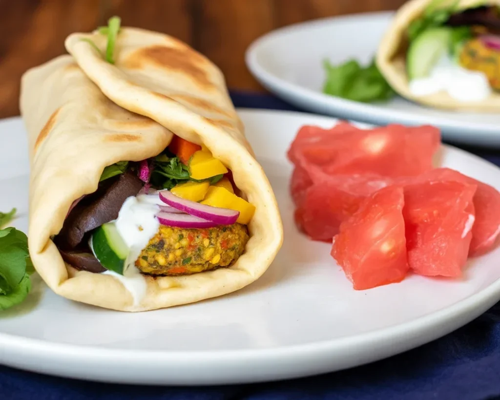 Vegan Falafel Wrap with fresh vegetables and creamy yogurt sauce on a plate
