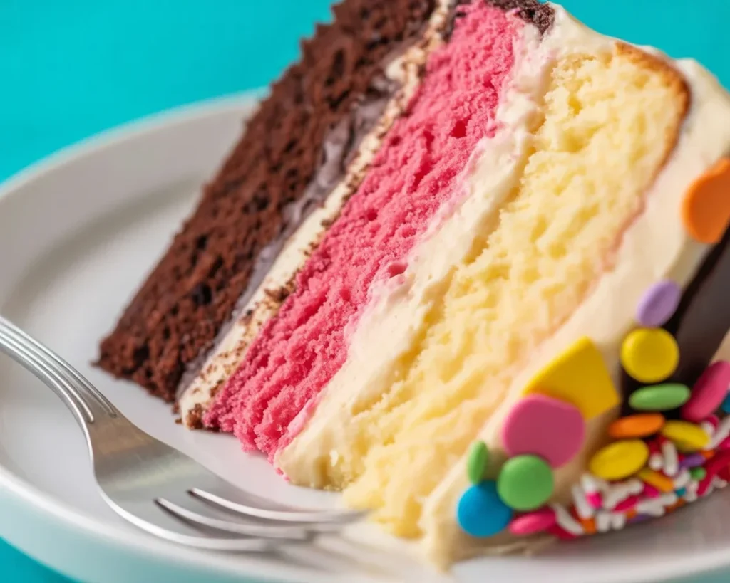 Gluten-free Neapolitan Marble Cake with chocolate, vanilla, and strawberry layers