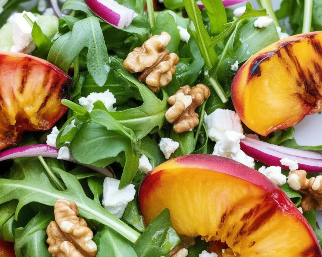 Savory Grilled Peach and Arugula salad topped with burrata and walnuts.