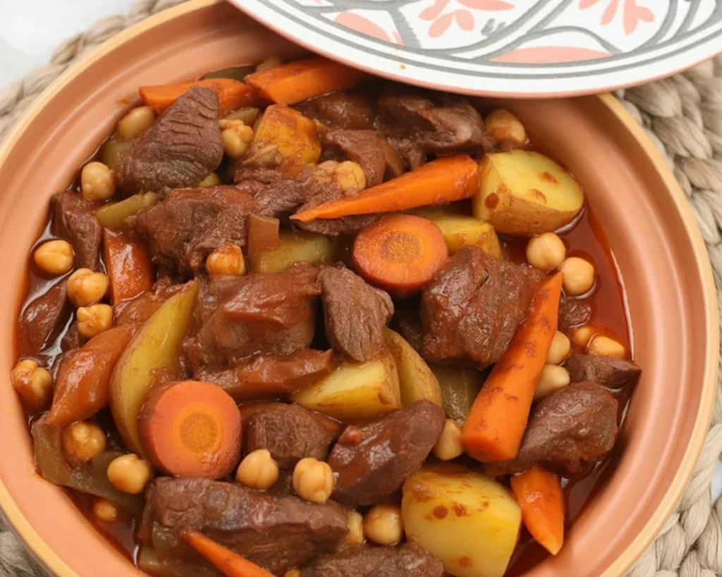A delicious plate of Moroccan Beef Tagine with fragrant spices and vegetables.