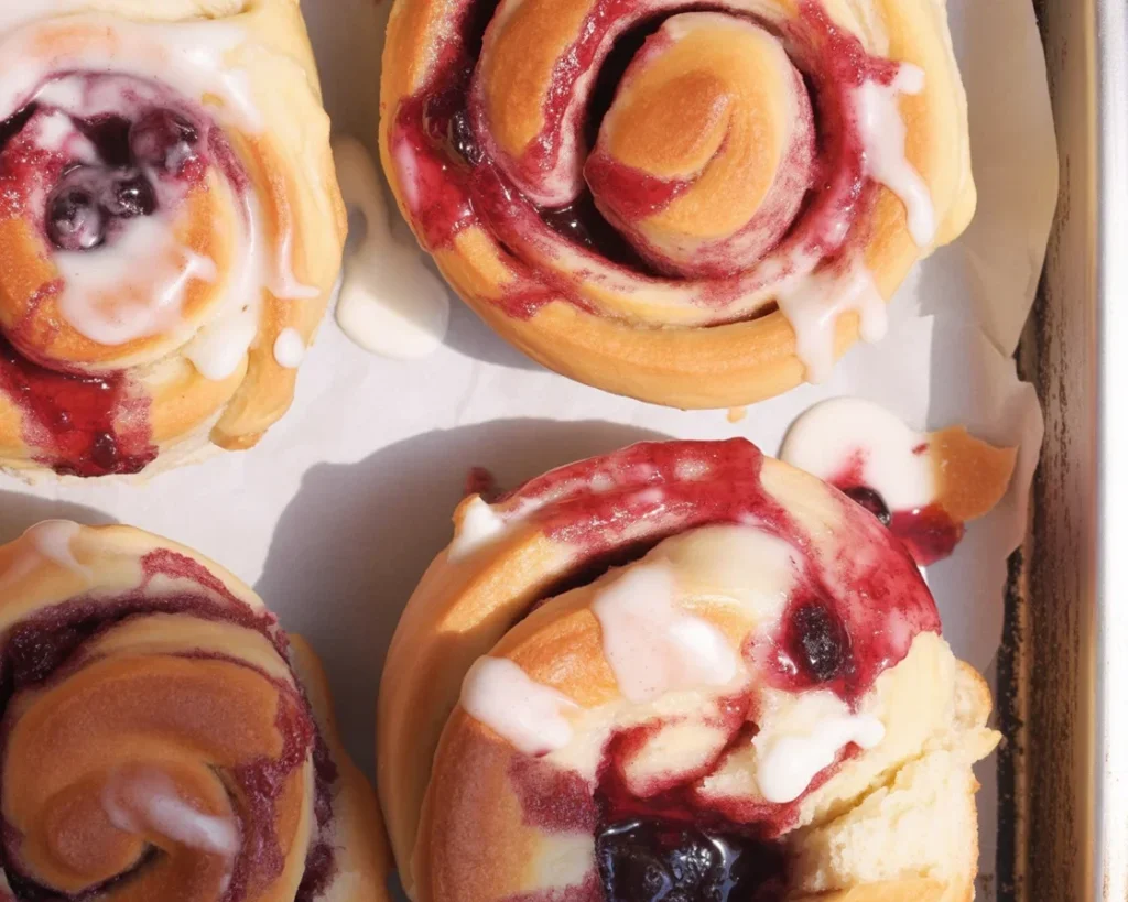 Fluffy Cherry Sweet Rolls with cream cheese icing and cherry filling on a plate.