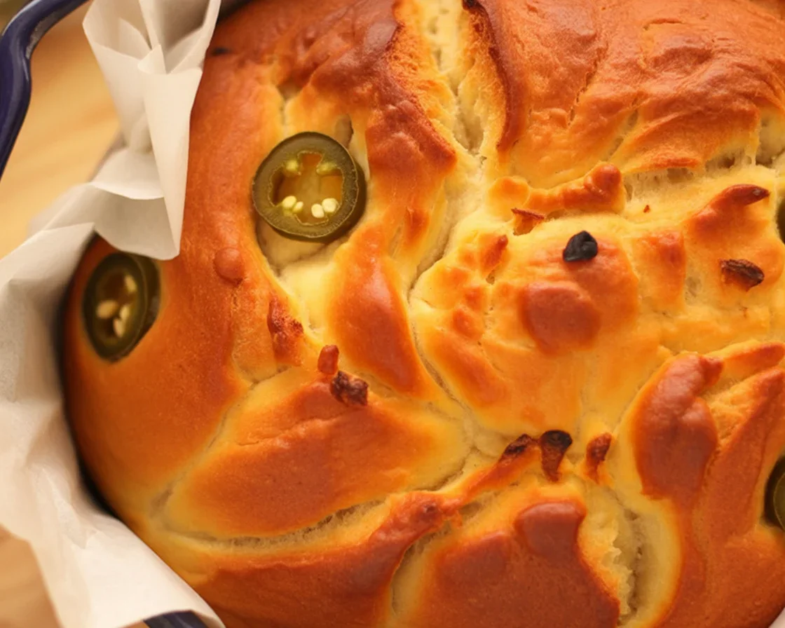 Freshly baked Jalapeno Cheddar Dutch Oven Bread with a crusty exterior and cheesy filling.