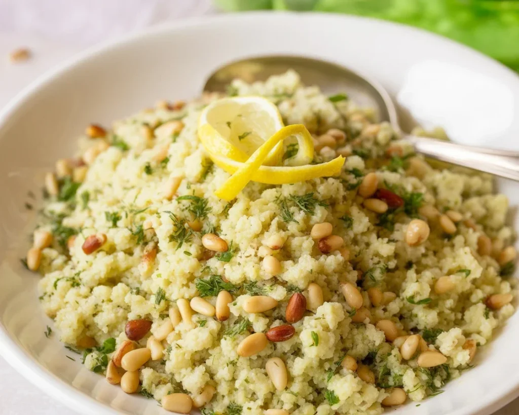 Zesty Lemon Herb Couscous served with grilled vegetables and fresh herbs on a plate.