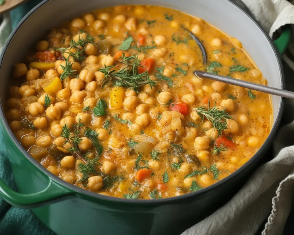 A bowl of Lemony Chickpea Soup with spinach, lemon, and chickpeas, garnished with fresh herbs.