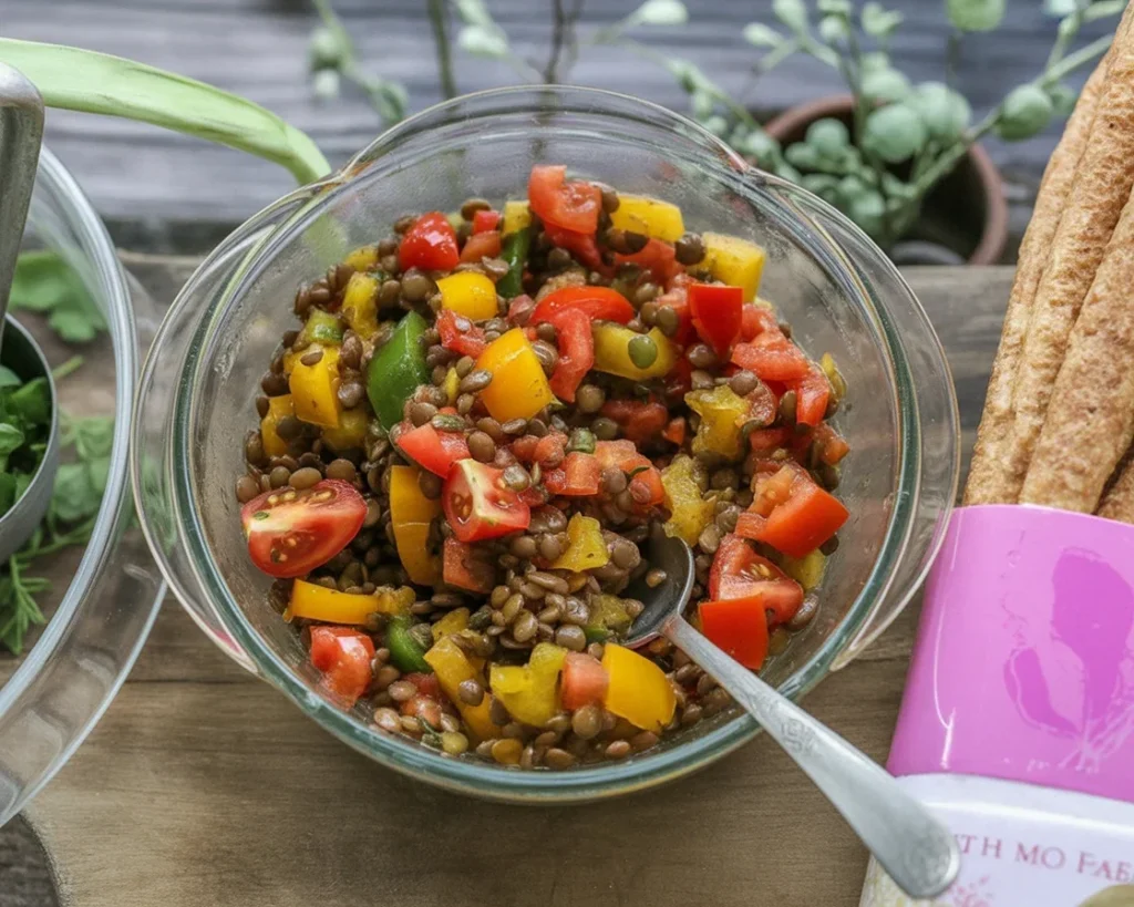 Lentil Tomato Basil soup and salad with fresh ingredients and flavors.