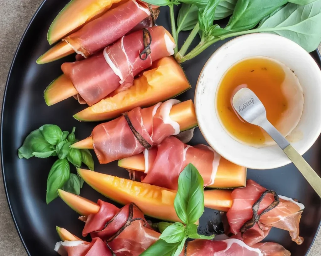 A delicious plate of Melon Prosciutto featuring cantaloupe wrapped in salty prosciutto.