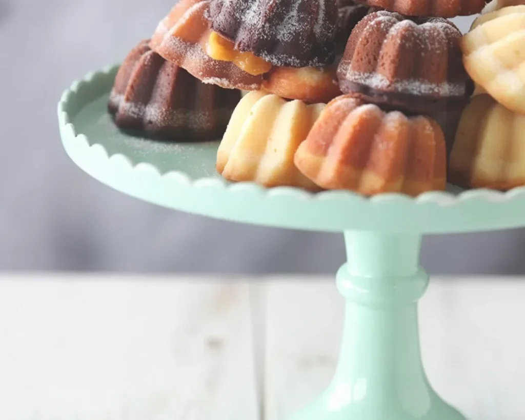 Mini Neapolitan Bundt Cakes with layers of chocolate, vanilla, and raspberry flavors.
