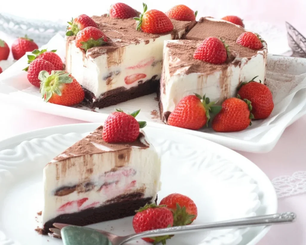 Neapolitan Brownie Bottom Cake with layers of ice cream and strawberries.
