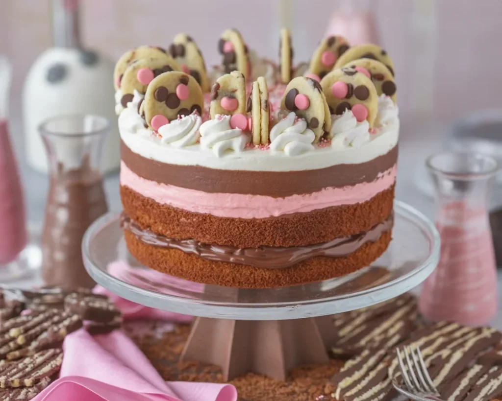 Delicious Neapolitan Drip Cake with Strawberry Glaze and layers of chocolate, vanilla, and strawberry.