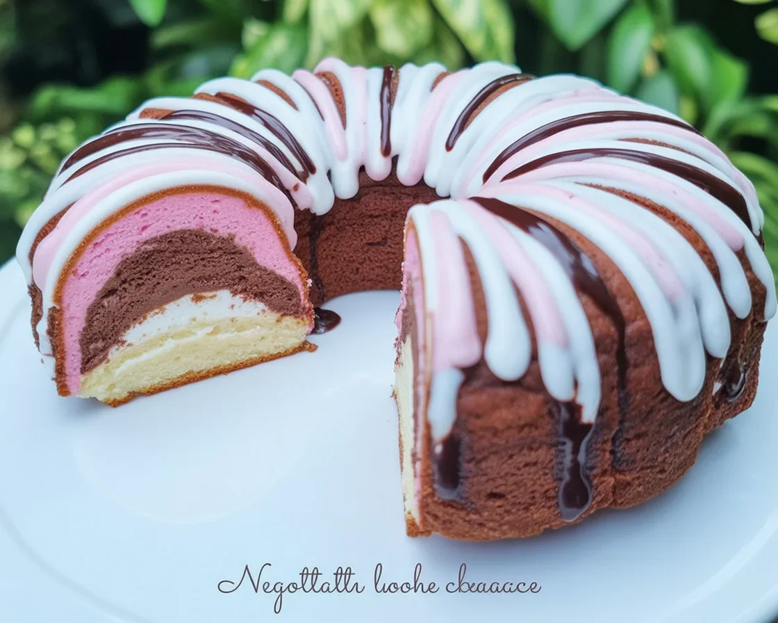 Neapolitan Loaf Cake with Ganache Glaze showcasing chocolate, vanilla, and strawberry layers.