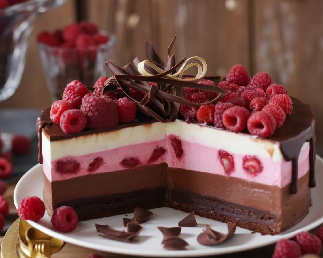 A beautifully layered Neapolitan Mousse Cake with chocolate, raspberry, and vanilla flavors.