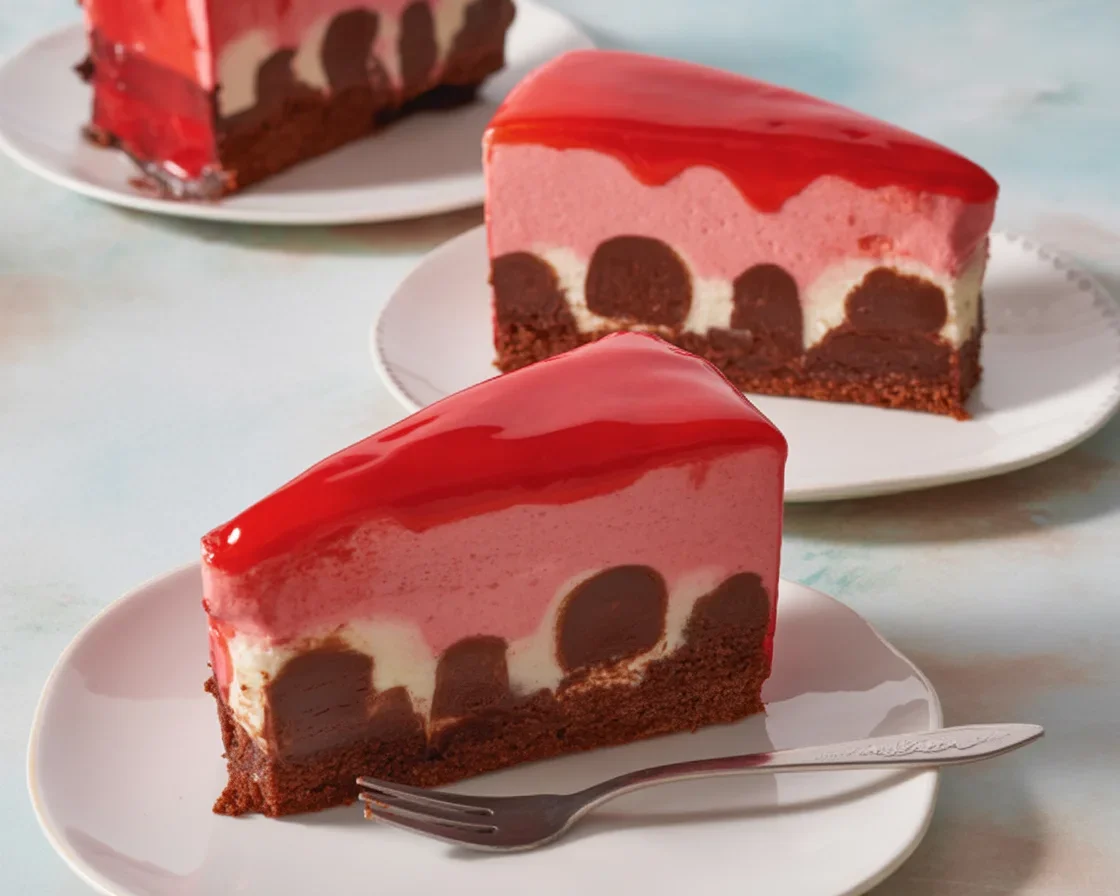 Delicious Neapolitan Poke Cake with layers of vanilla and chocolate topped with strawberry syrup.