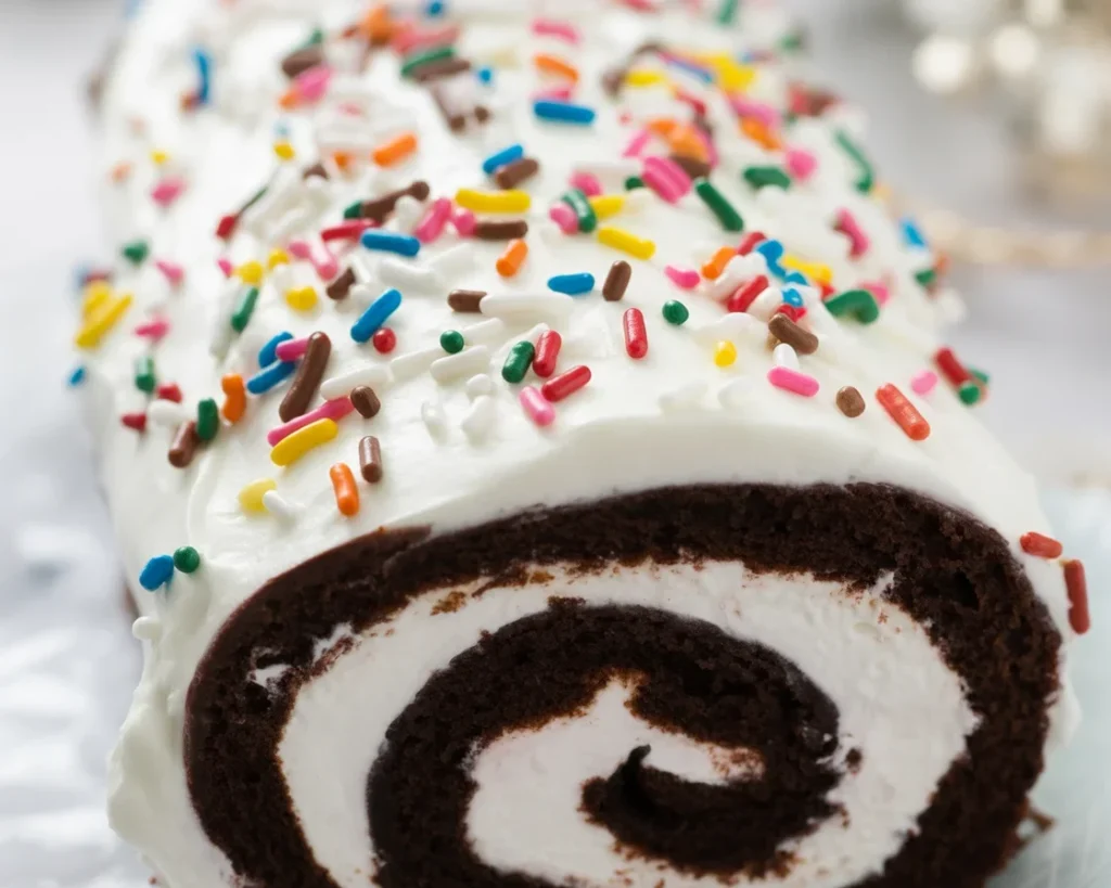 Neapolitan Roll Cake with Whipped Filling showcasing chocolate, vanilla, and strawberry layers