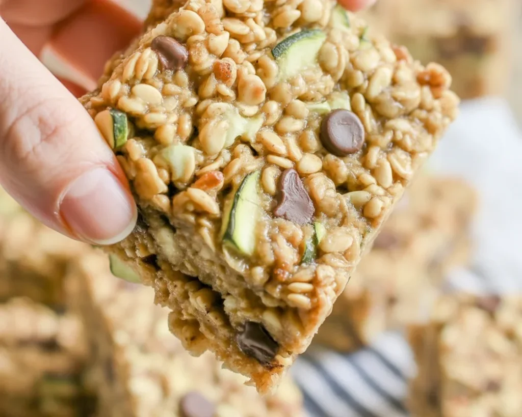 Healthy oat and zucchini breakfast bars, loaded with banana and naturally sweetened ingredients.