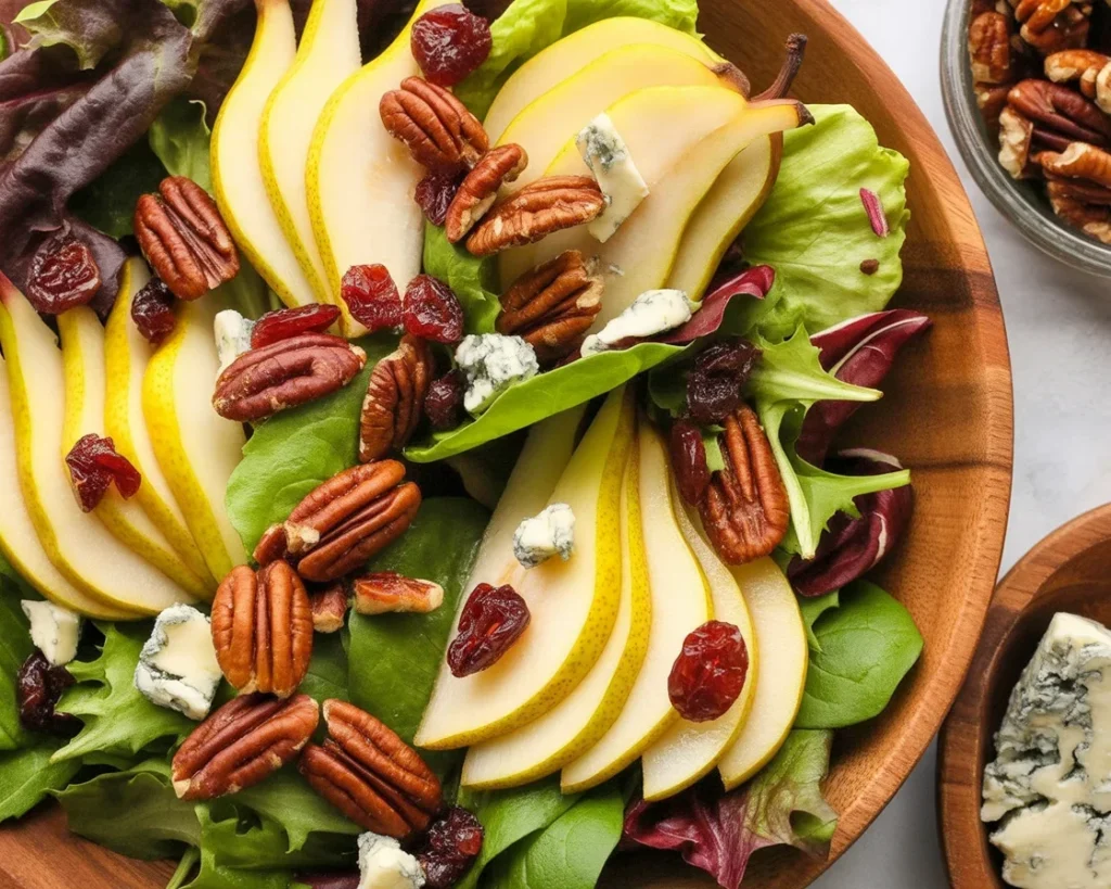 Fresh Pear and Gorgonzola Salad with candied pecans and vibrant greens.