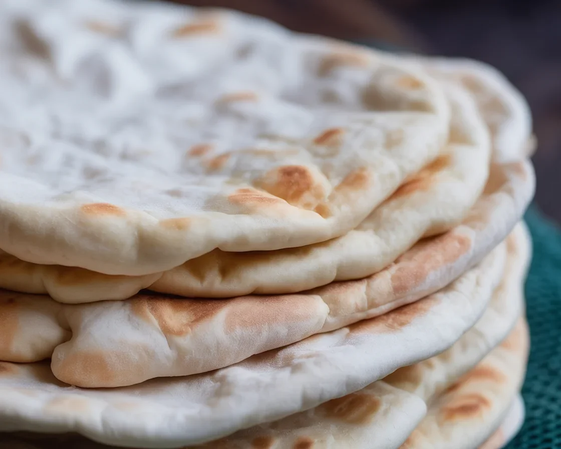 Freshly baked homemade pita bread on a wooden board.