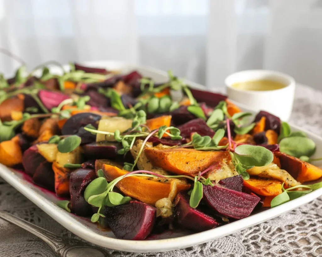 Colorful Roasted Beet Salad with Citrus slices and Feta cheese on a plate.
