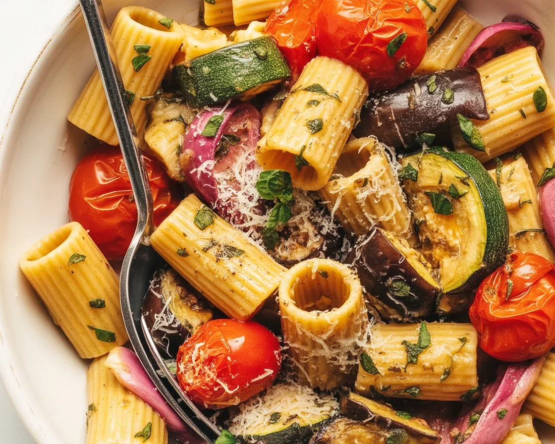 A bowl of roasted veggie pasta with colorful roasted vegetables and herbs on top.
