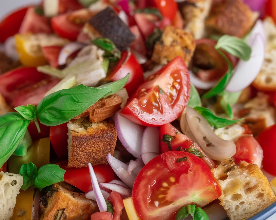 A vibrant Rustic Panzanella Salad with ripe tomatoes, toasted bread, and fresh basil.