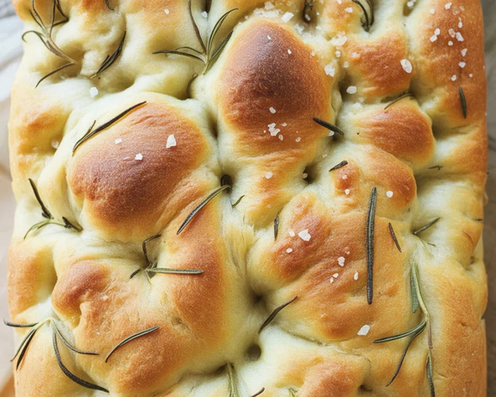 Delicious homemade focaccia bread with rosemary, olive oil, and sea salt.