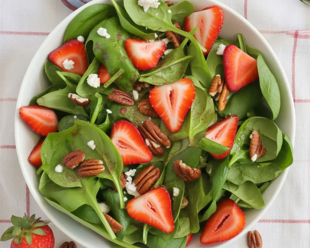 Fresh Strawberry Spinach Salad with Balsamic Glaze and nuts served in a bowl.