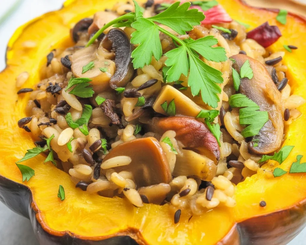 Stuffed Acorn Squash with Wild Rice, cranberries, mushrooms, and kale, beautifully roasted.