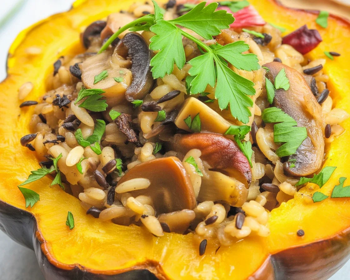 Stuffed Acorn Squash with Wild Rice, cranberries, mushrooms, and kale, beautifully roasted.