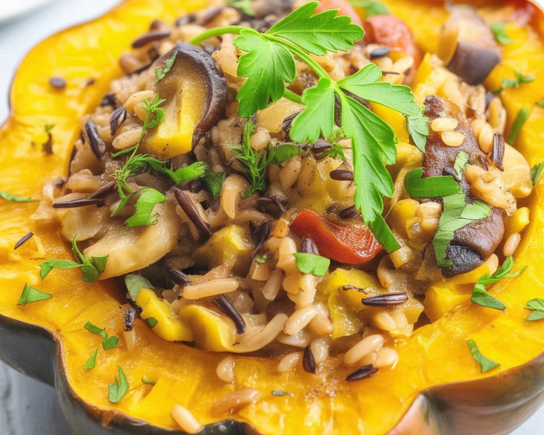Baked Stuffed Acorn Squash with Wild Rice, cranberries, and nuts.