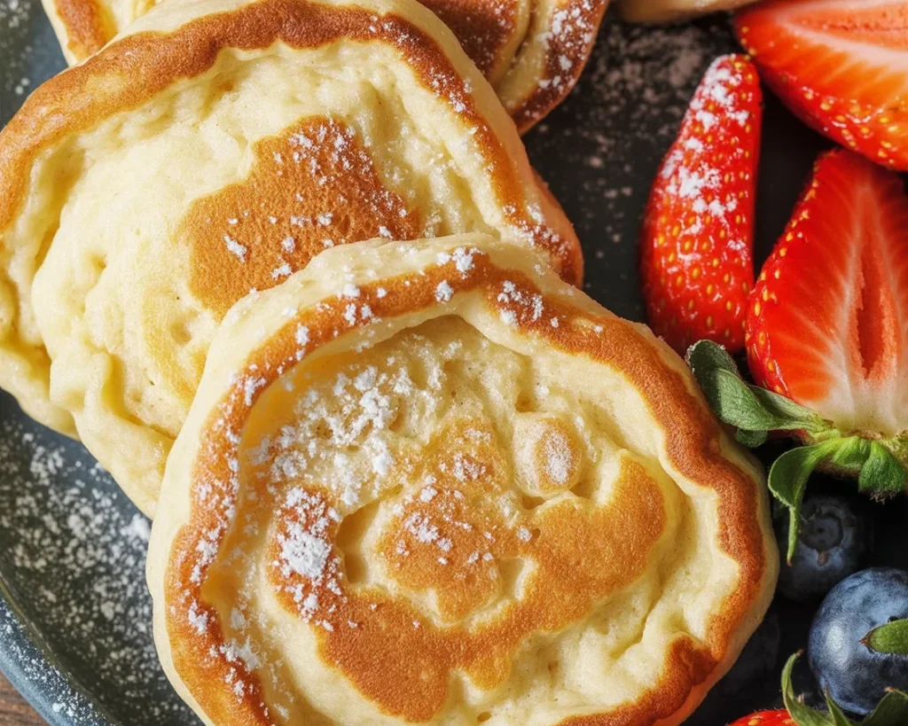 Fluffy cottage cheese pancakes stacked on a plate with syrup and berries.