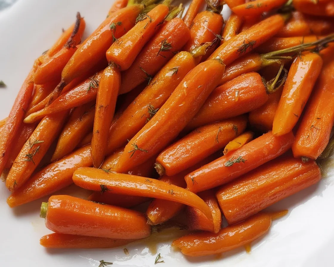 Bowl of honey roasted carrots, caramelized and glazed with honey and garlic.