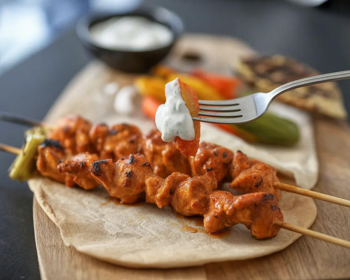 Grilled Chicken Shish Tawook Skewers served with garlic sauce and spices.