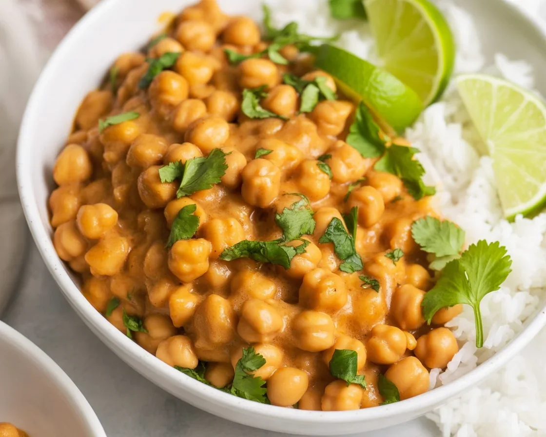 Delicious easy Chickpea Curry served in a bowl with rice and cilantro