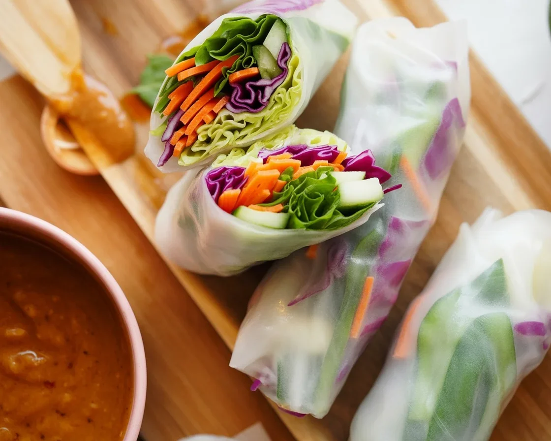 Delicious Spring Rolls Recipe With Peanut Sauce served on a plate